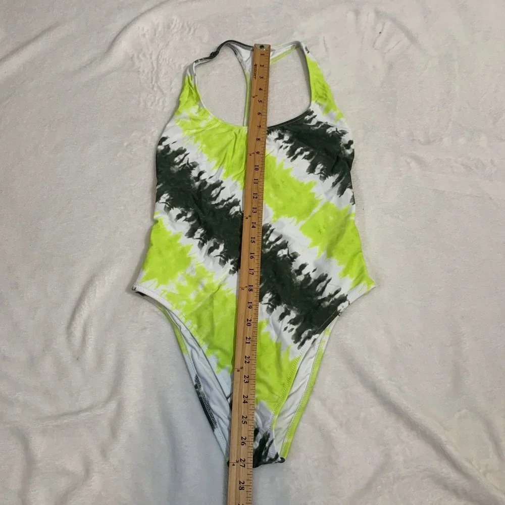 Aerie Tie Dye One Piece Swimsuit Neon Green Black‎ White Racerback Size M